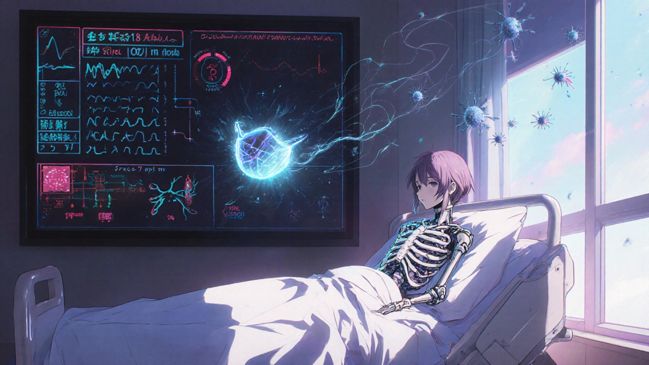 A patient with a mechanical exoskeleton rests in a hospital as a glowing mask hovers, protecting them from pathogen needles.