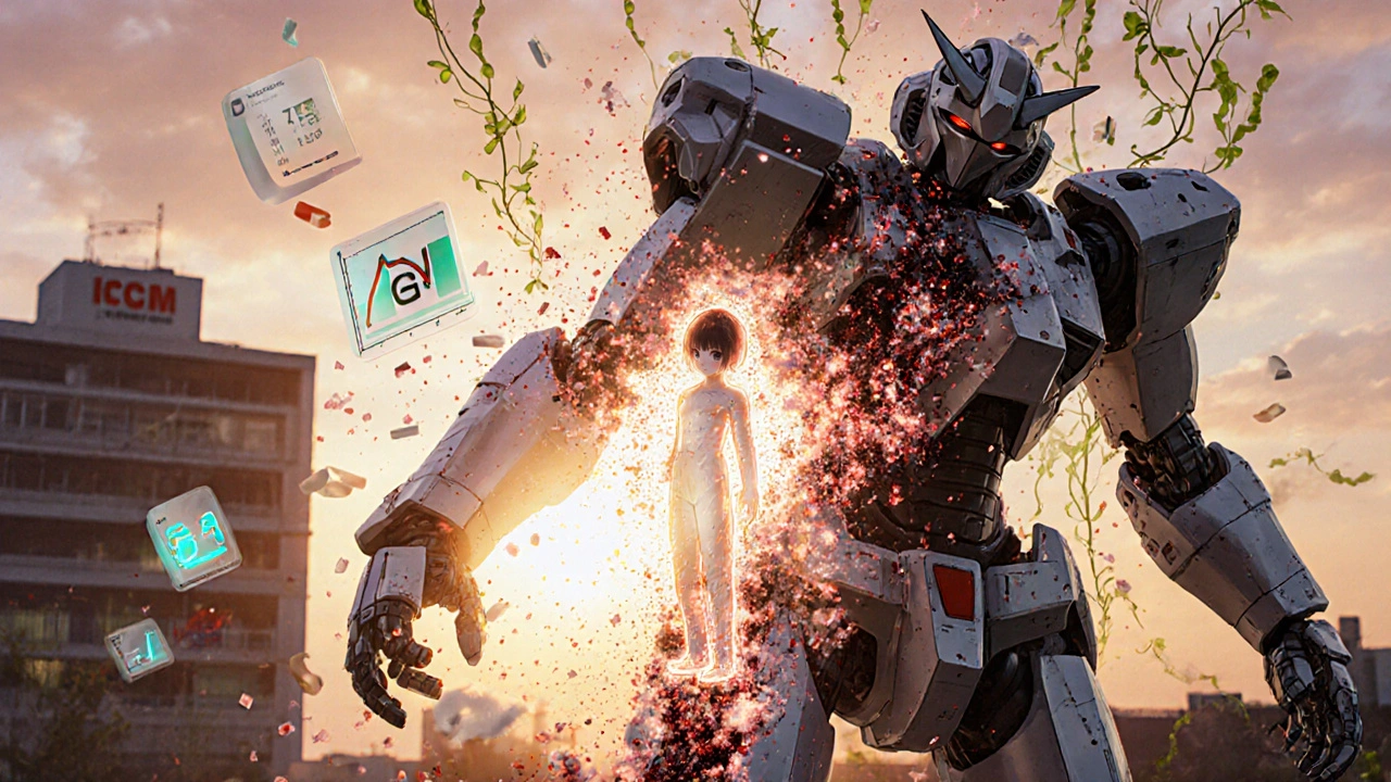A person emerging from a crumbling steroid robot as insulin tapering symbols glow in a sunrise scene.