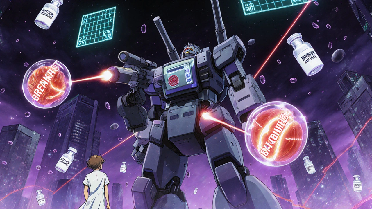 A robotic doctor firing insulin lasers at blood sugar spikes, with CGM monitor and magnesium ions floating nearby.