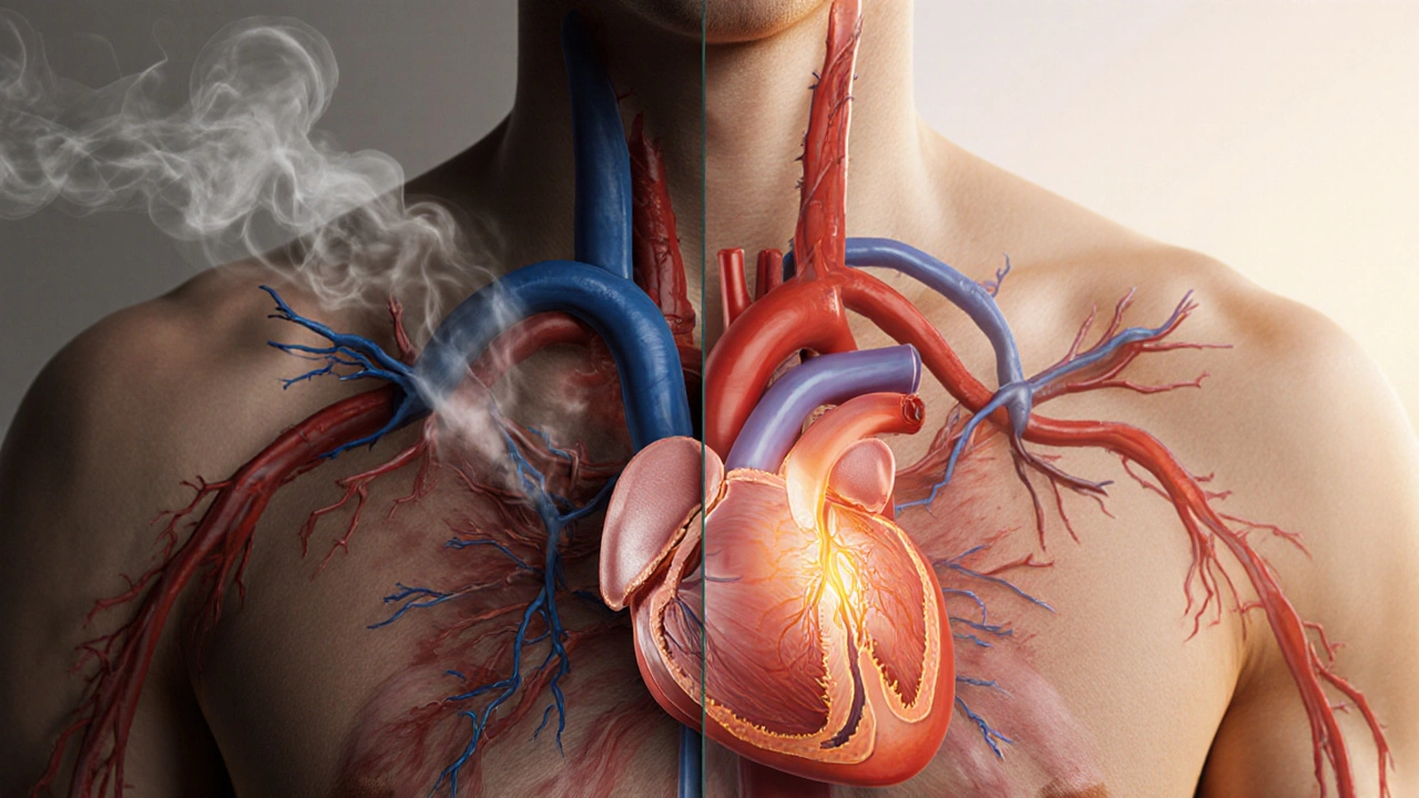 Before‑after view of a heart: clogged arteries on left, clear arteries after quitting on right.