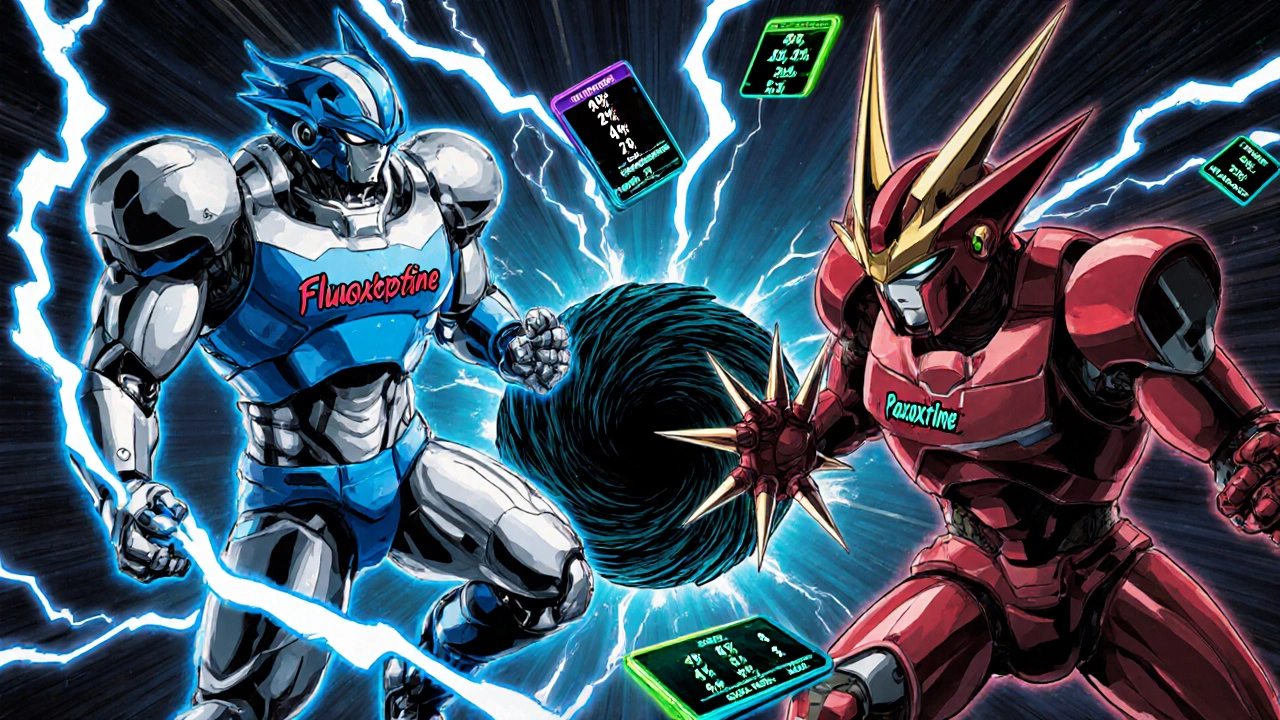 Blue fluoxetine robot battling a dark paroxetine robot against a swirling suicidal‑thought vortex.