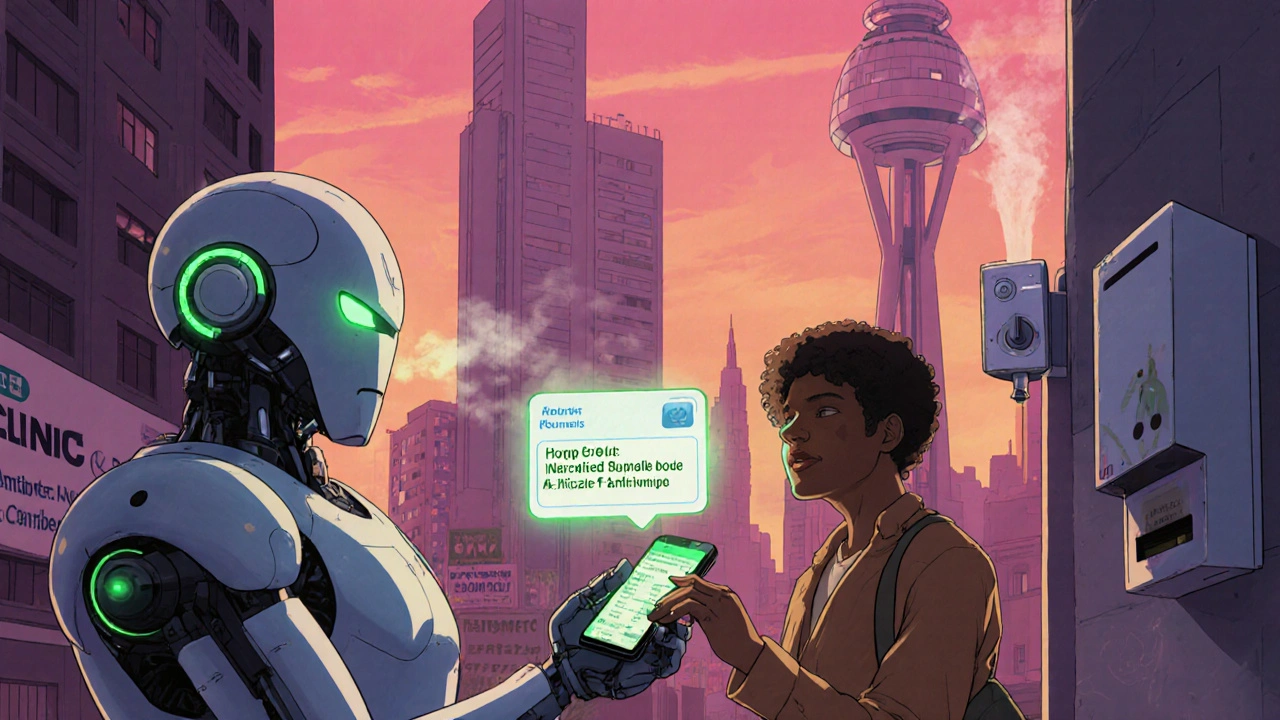 City scene where a citizen uses a home test kit, AI app, and microbicide dispenser assisted by a friendly super‑robot.