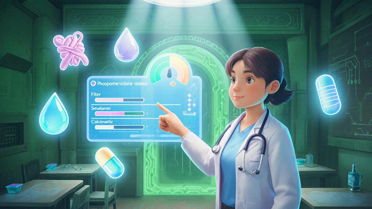 Clinic scene with doctor, holographic health dashboard, and icons for fiber, water, binders, calcimimetic, and probiotic.