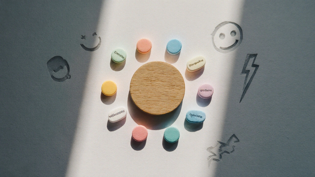 Colorful assortment of pills arranged around an empty organizer, suggesting medication options.