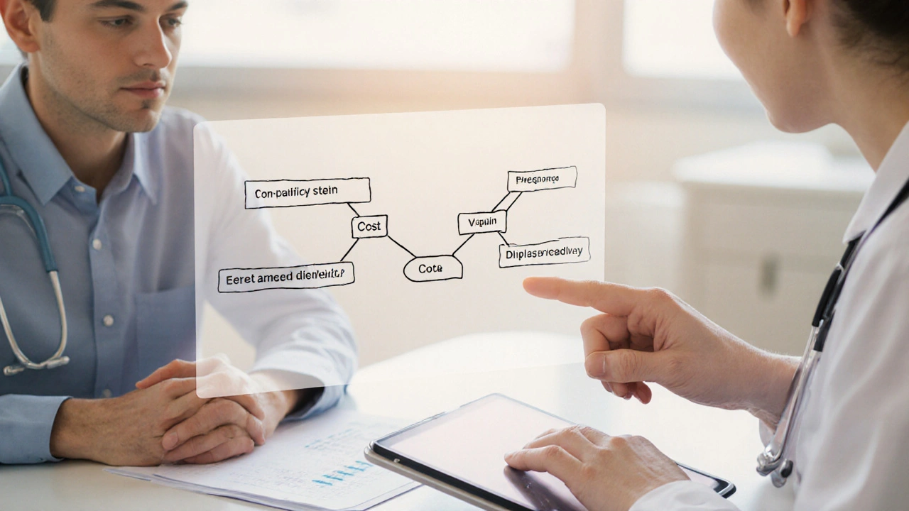 Doctor and patient discussing medication choices with a decision tree overlay.