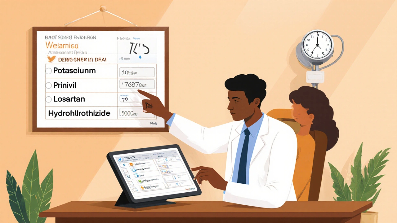 Doctor and patient reviewing lab results and medication options in a friendly consultation room.