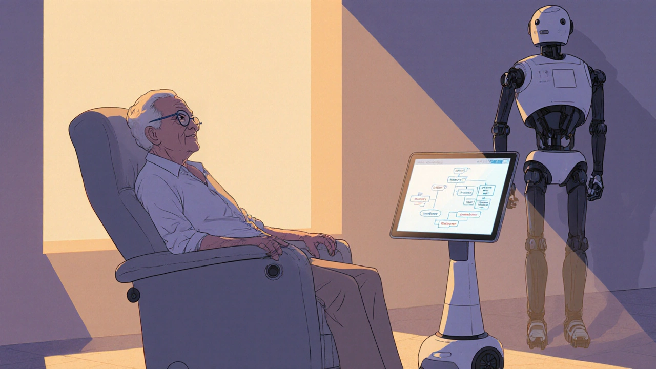 Elderly person with a small robot showing a decision flowchart for medication.