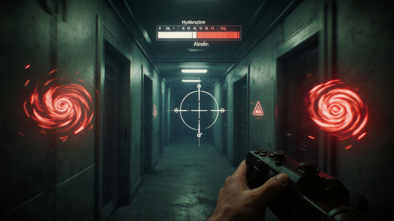 First‑person view of a character stumbling, with blurred vision and low breath gauge overlay.