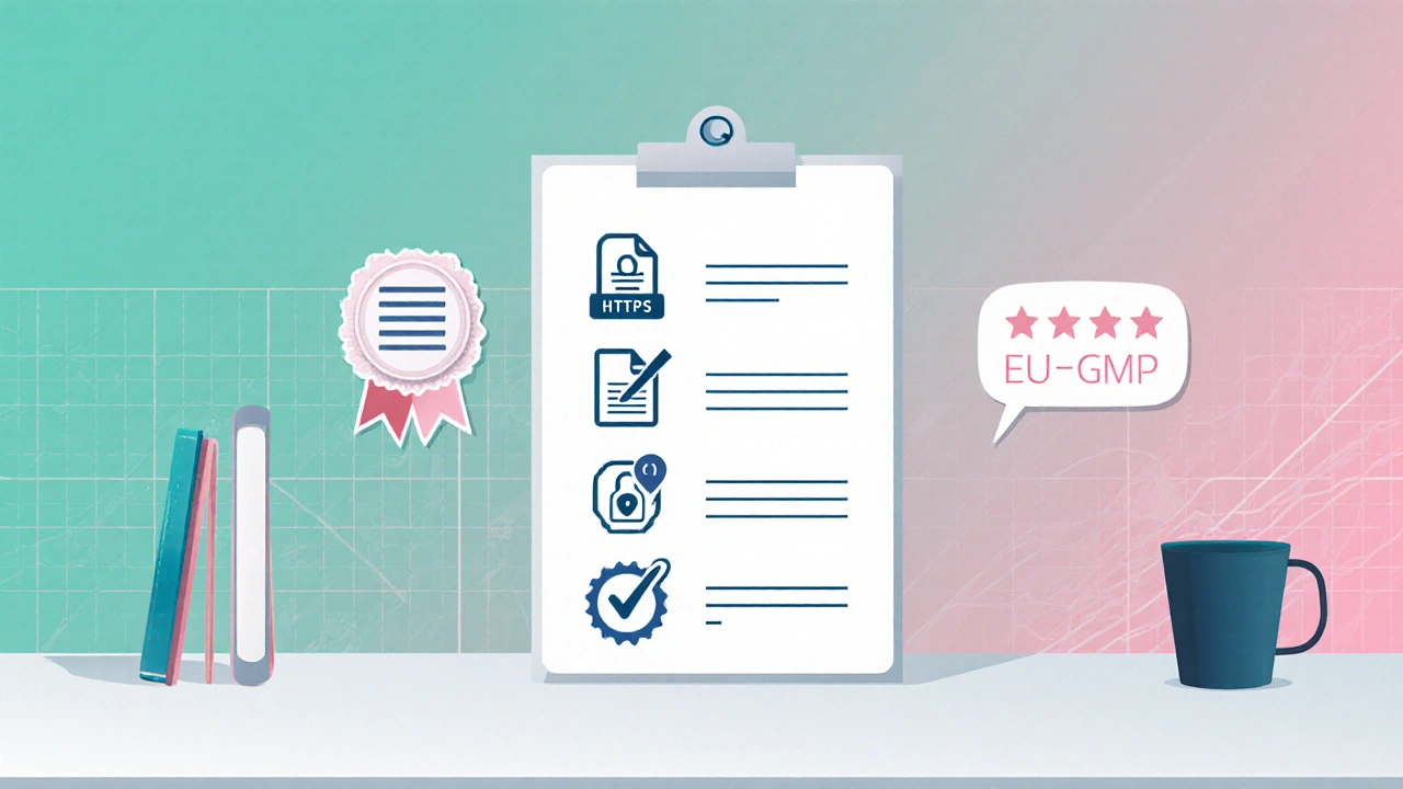 Flat illustration of a pharmacy verification checklist with icons for registration, prescription, security, address, reviews, and seal.