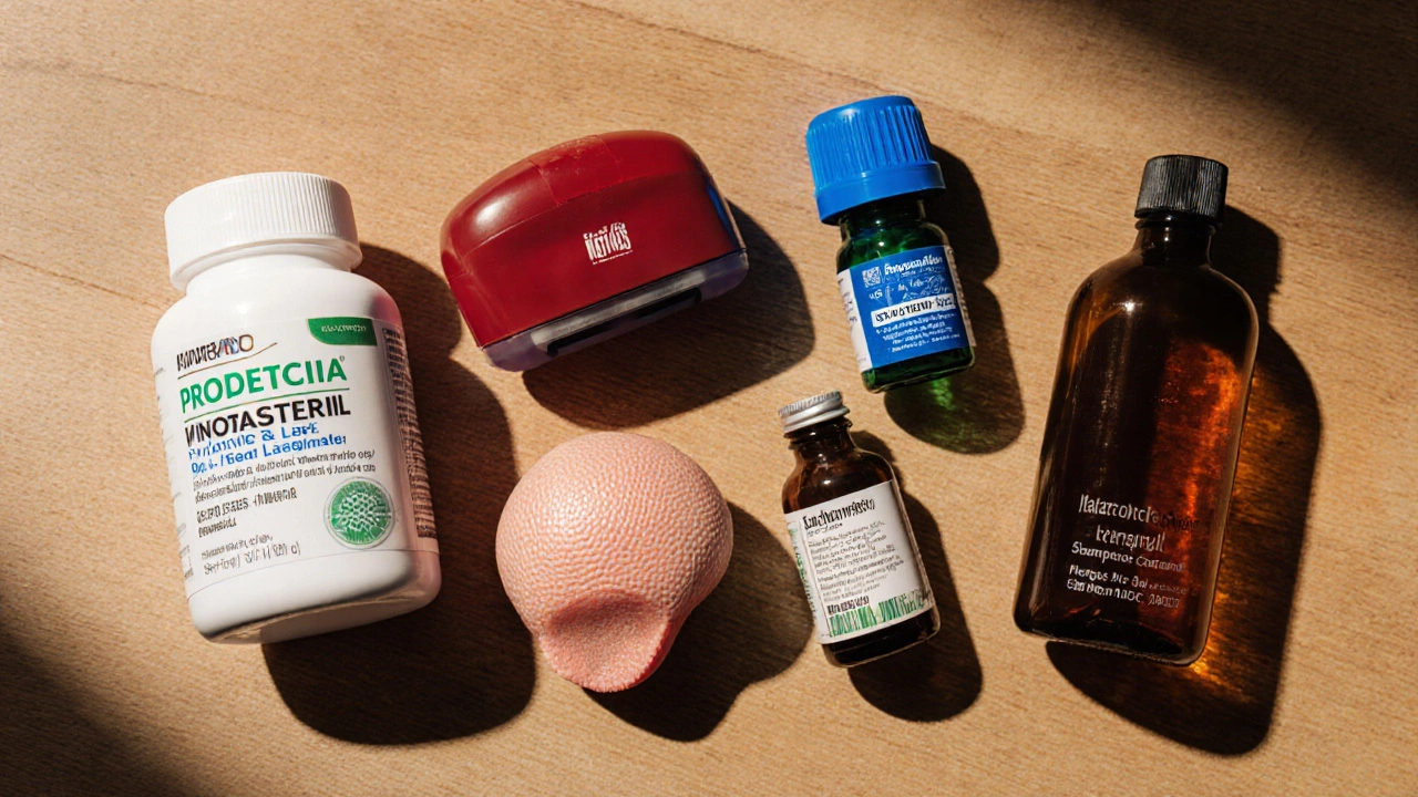 Flat lay of various hair‑loss treatments: pills, minoxidil foam, dutasteride bottle, laser cap, supplement, shampoo.