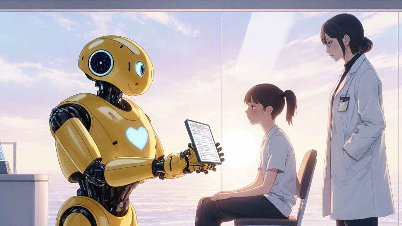 Friendly monitoring robot handing a checklist to a teen patient with a clinician nearby.