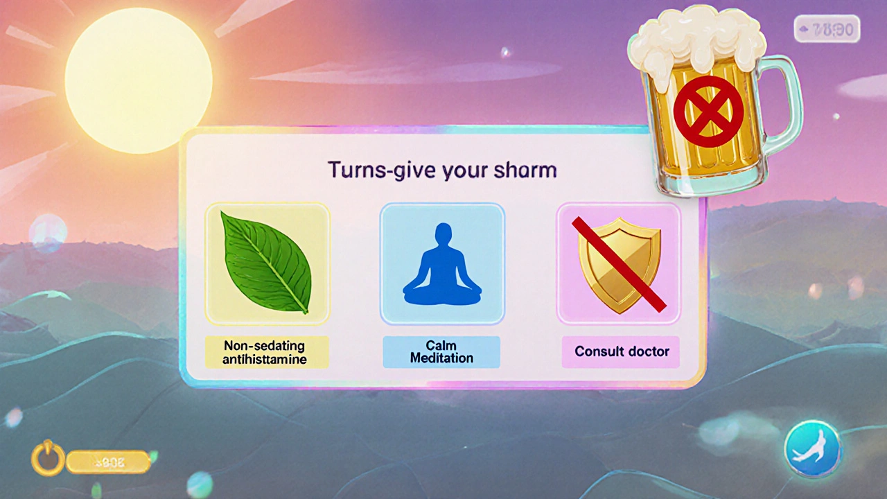 Game menu with icons for safe alternatives and a crossed‑out beer mug, bright and reassuring.