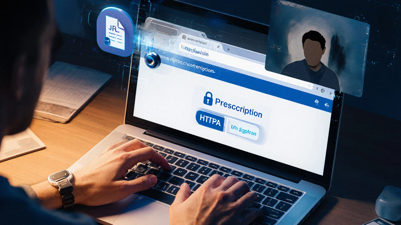 Hands on laptop showing secure HTTPS lock and MHRA number while uploading a prescription.