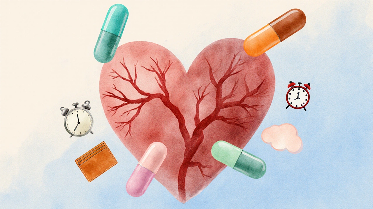 Heart illustration with colored capsules and symbols for half‑life, cost, and side effects.