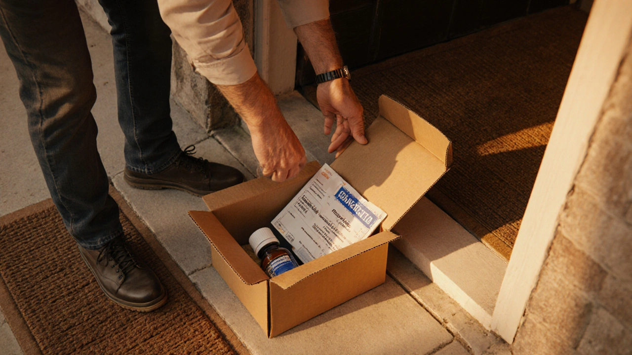 Man receiving a discreet pharmacy parcel at his doorstep and inspecting the pills.