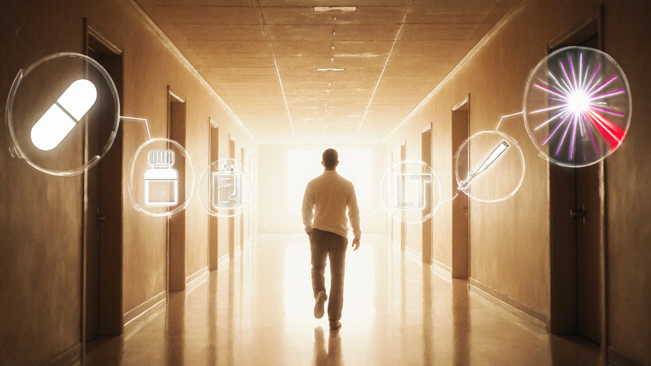 Man walks down a branching hallway with icons representing different hair‑loss options.