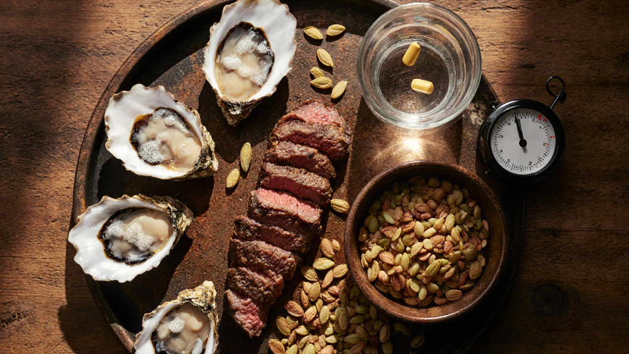 Overhead view of oysters, steak, pumpkin seeds, lentils and a zinc supplement bottle on a wooden table.