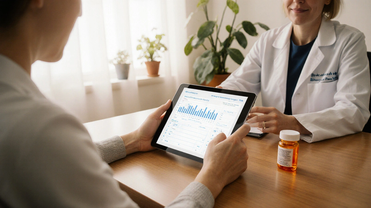 Patient and doctor discussing treatment over a tablet in a bright, warm clinic setting.