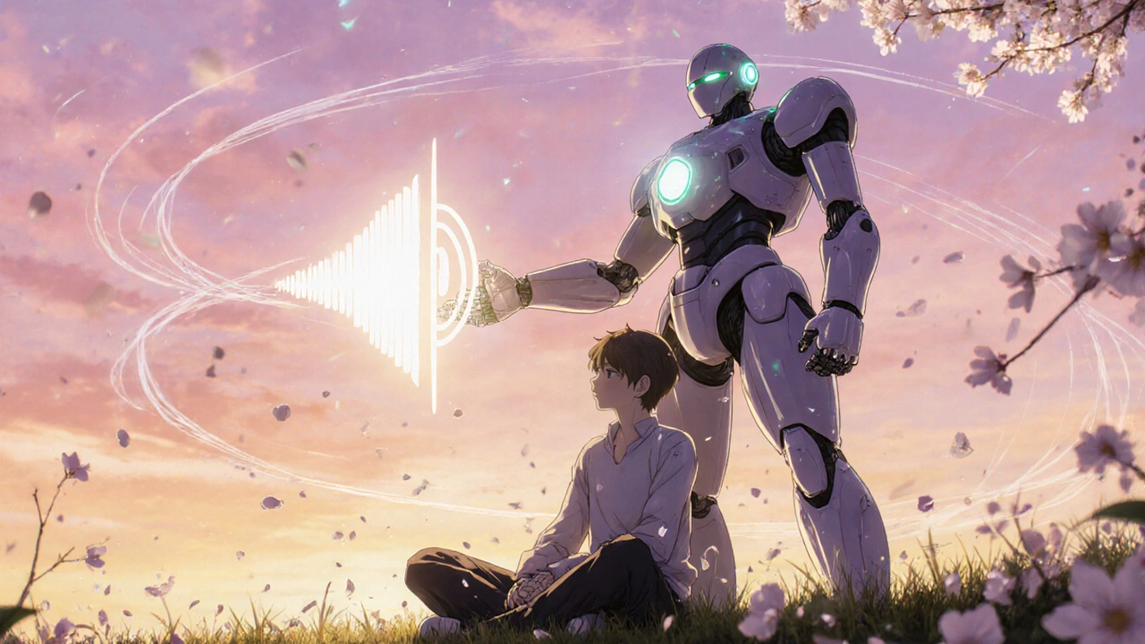 Patient relaxed in a garden receiving a glowing ear emblem from a friendly super‑robot.