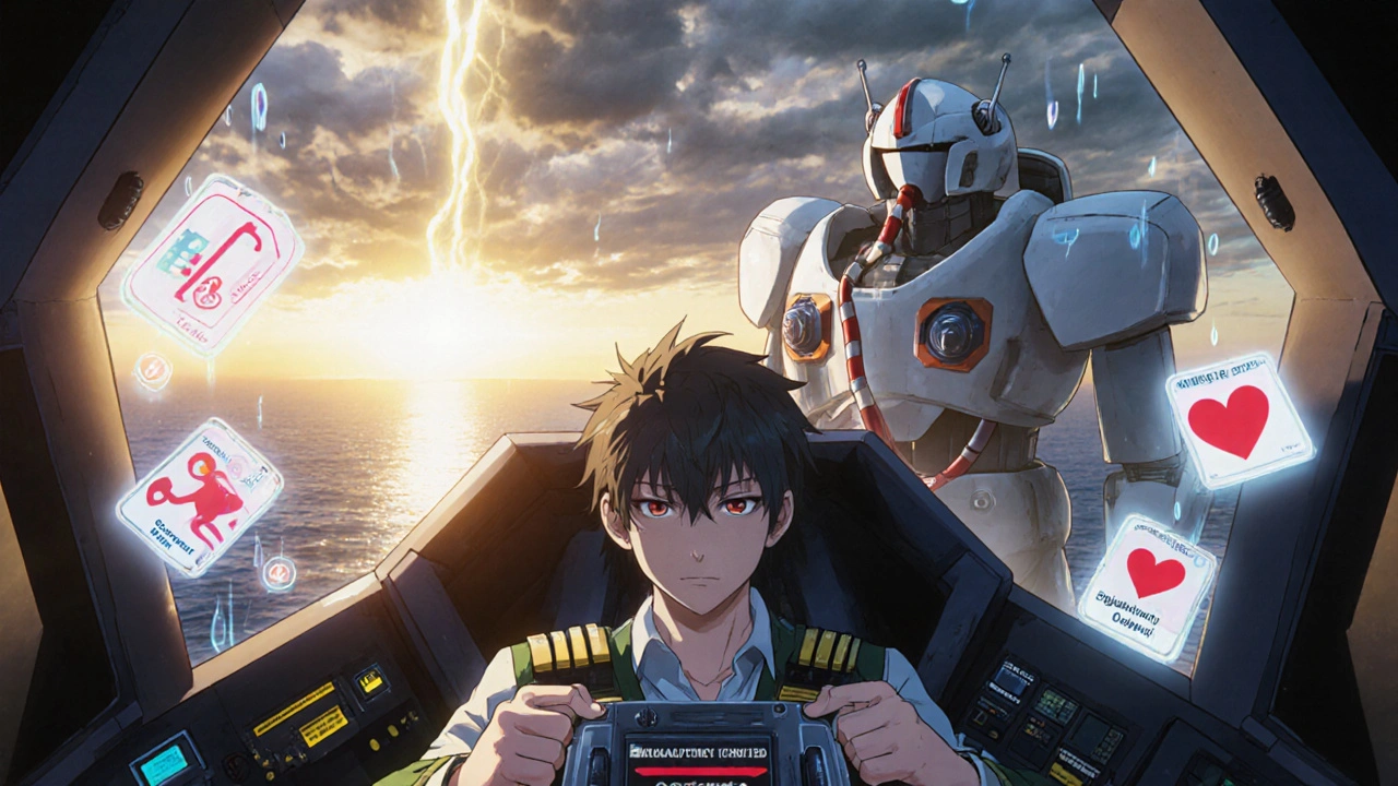 Pilot in a pharmacy-bottle cockpit surrounded by side effect warnings, watched over by a stethoscope robot as sunrise breaks.