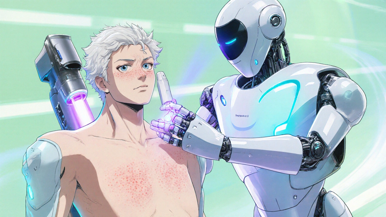 Robot applying low‑potency cream to healed skin with laser treatment background.