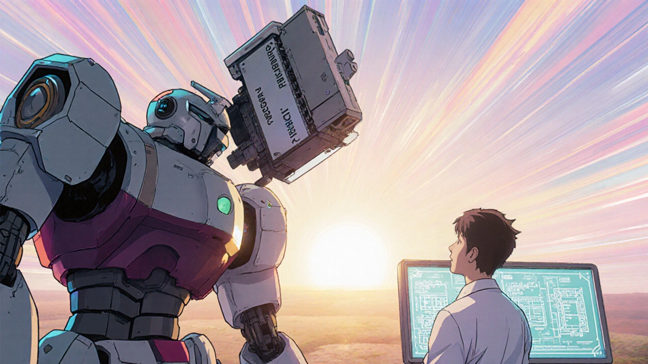Robot being upgraded with a new component as a clinician operates a holographic console, symbolizing regimen switch.