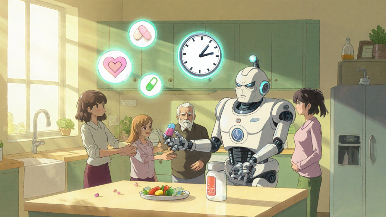 Robot handing antiviral capsules to family members while showing care steps.