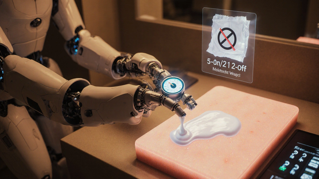 Robot measuring fingertip unit and applying moisturizer with pulse therapy display.