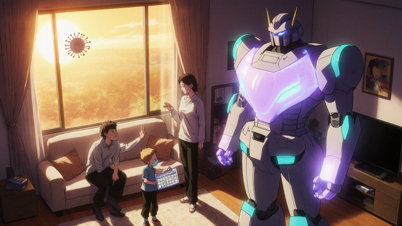 Robot stands beside a happy family after flu prevention, sunrise lighting.