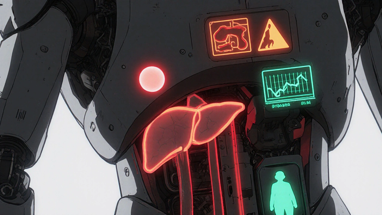 Robot torso shows glowing blood, liver and kidney panels with floating anemia and lipodystrophy icons.