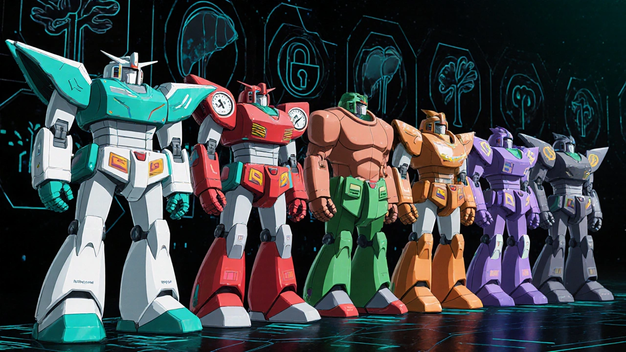 Row of six distinct robots each representing a different muscle relaxant.