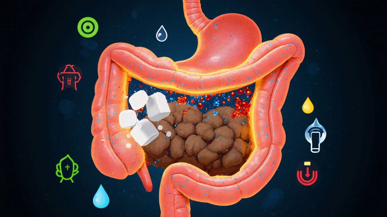 Side view of stomach and intestines showing calcium binder tablets, acid neutralization, constipation block, and diarrhea droplets.