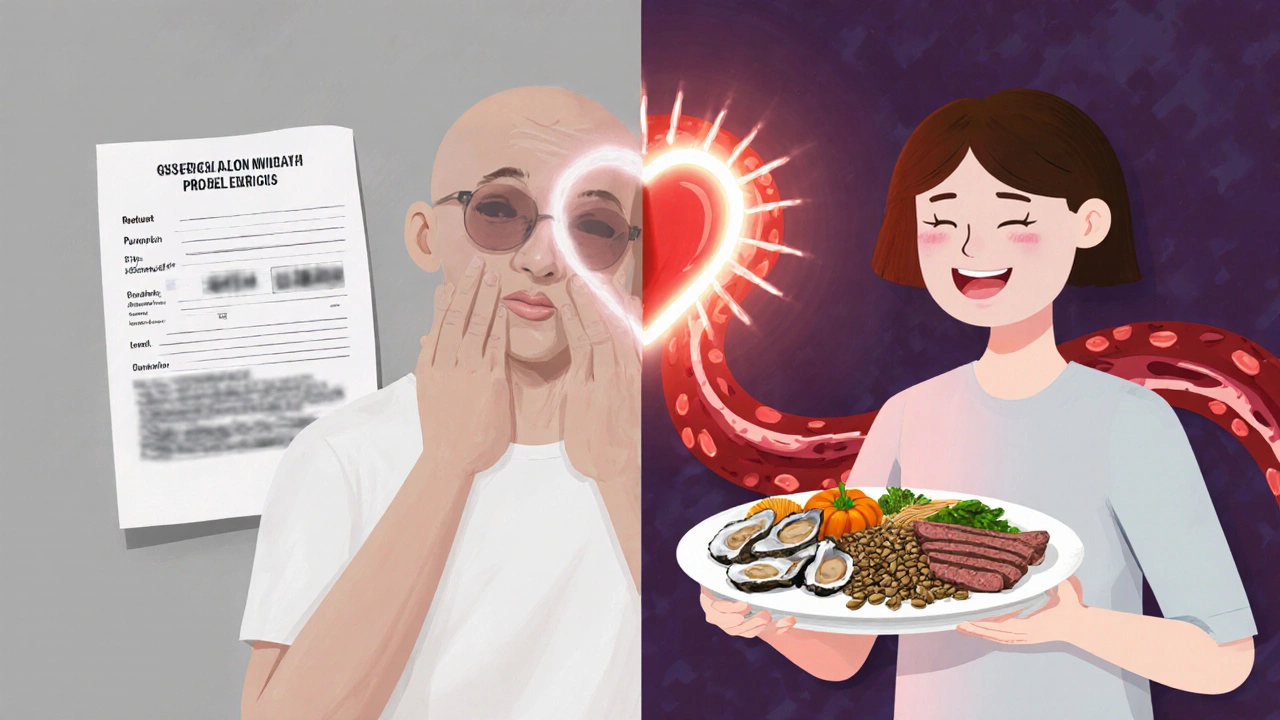 Split scene of a tired person versus a healthy one, showing zinc‑rich foods and bright blood flow.