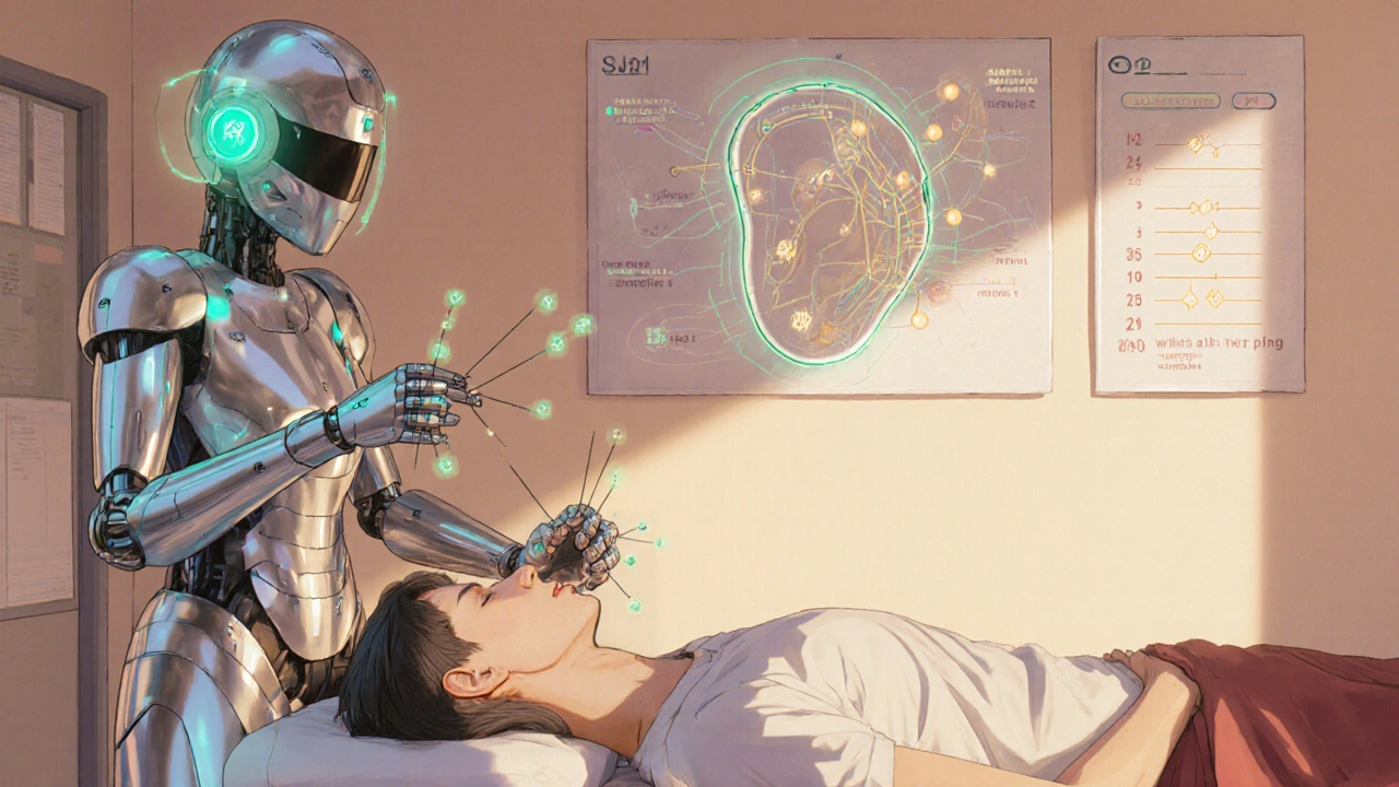 Super‑robot acupuncturist inserting needles at ear points on a patient in a clinic.