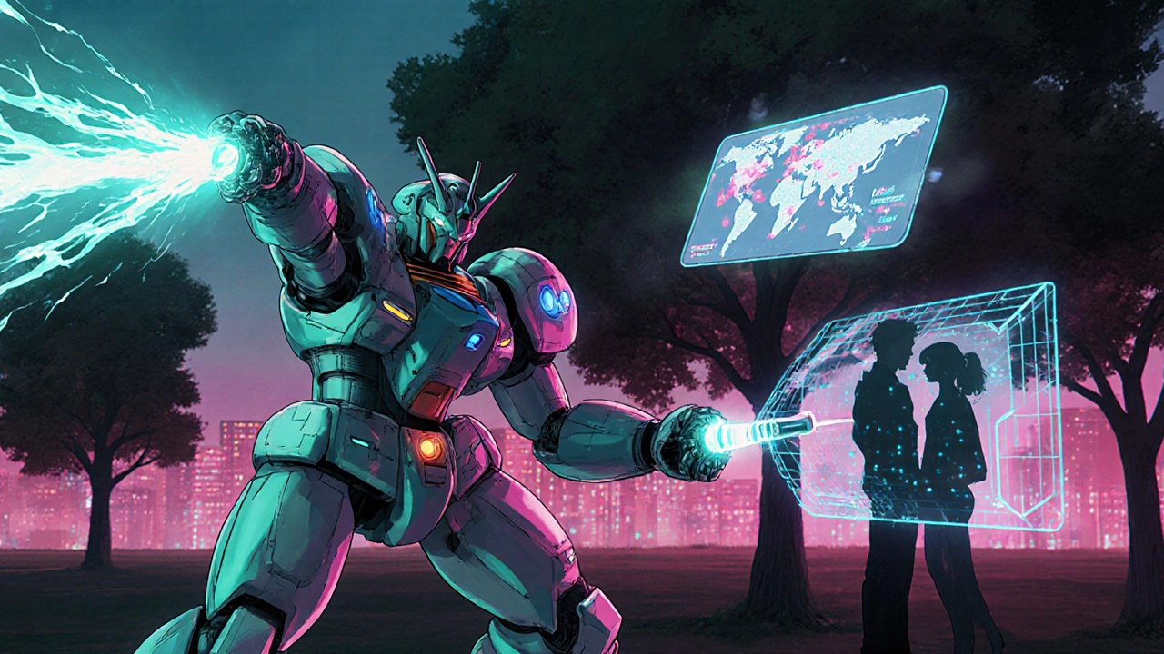 Super robot deploying microbicide spray, vaccine dispenser, and holographic contact‑tracing app.