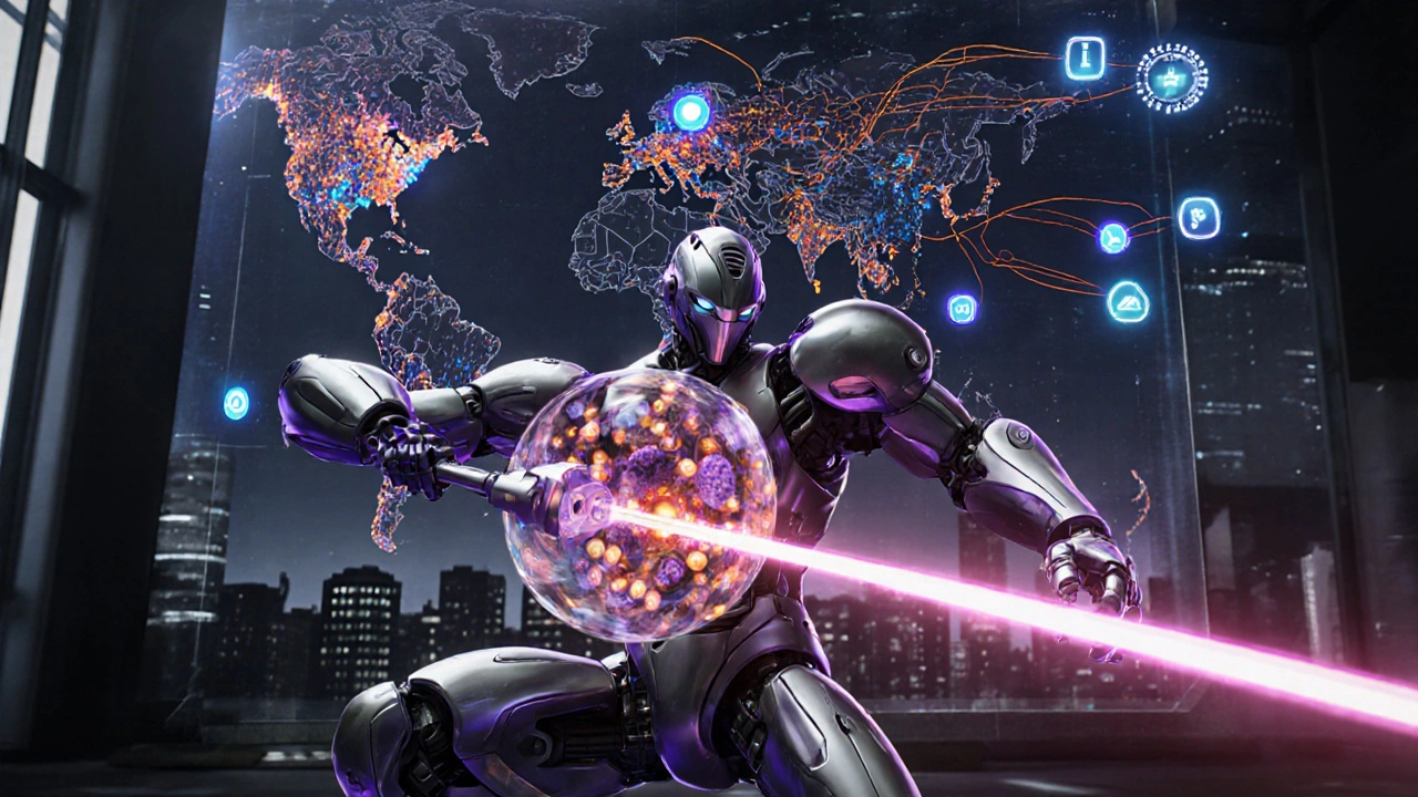 Super‑robot surgeon uses CRISPR laser and nanoparticle swarm while holographic AI maps STI resistance data.