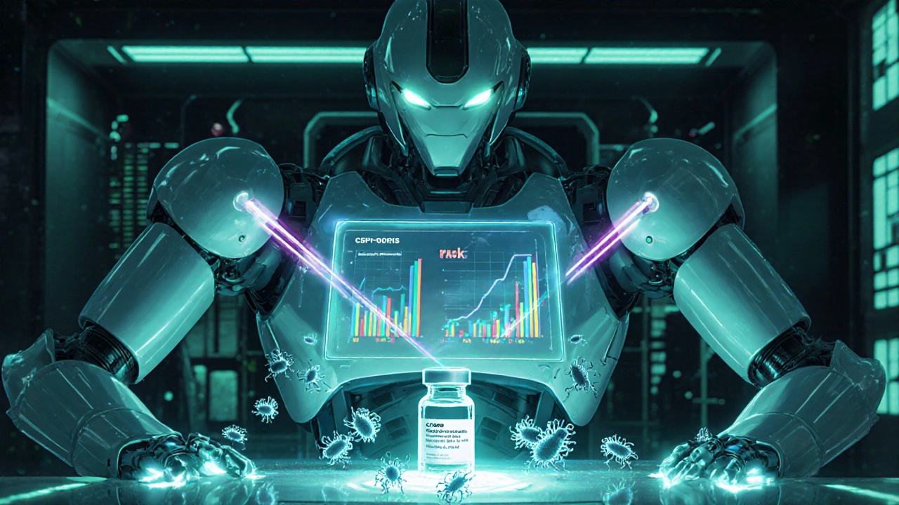 Super robot using CRISPR lasers, phage drones, and an AI diagnostic holo‑screen for STI treatment.