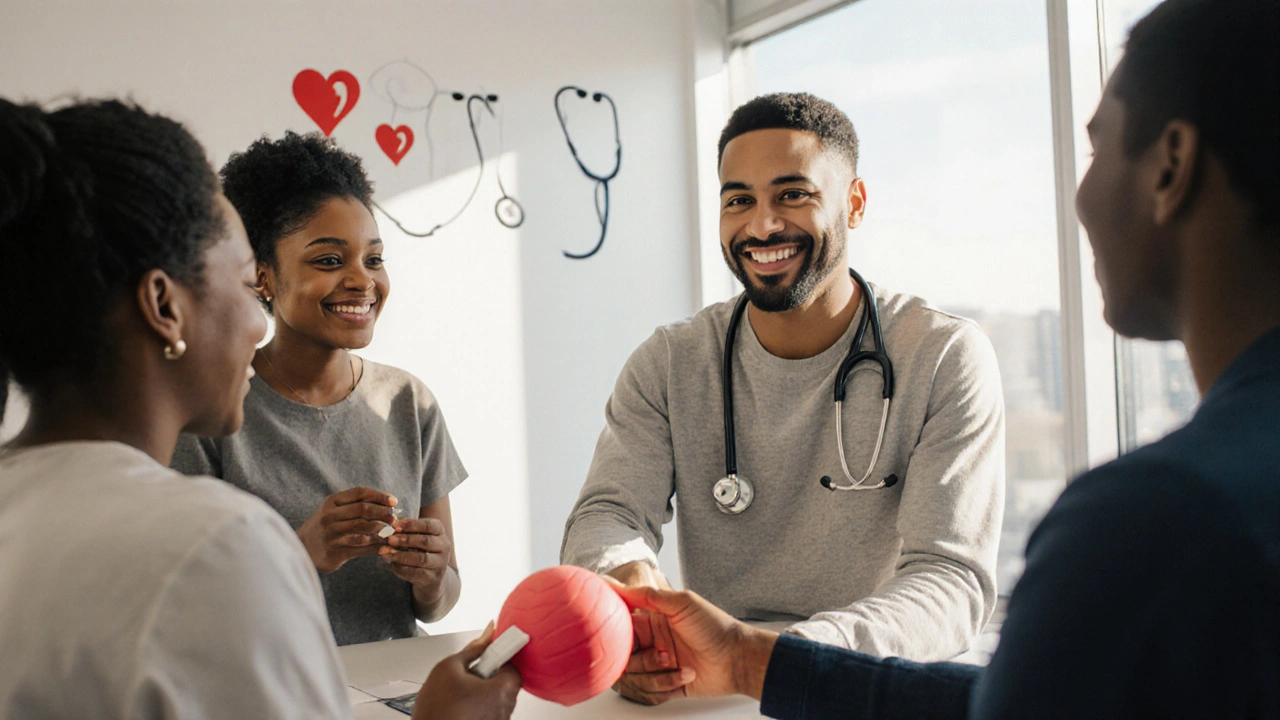 Supportive clinic scene with people using quitting aids and receiving counseling.