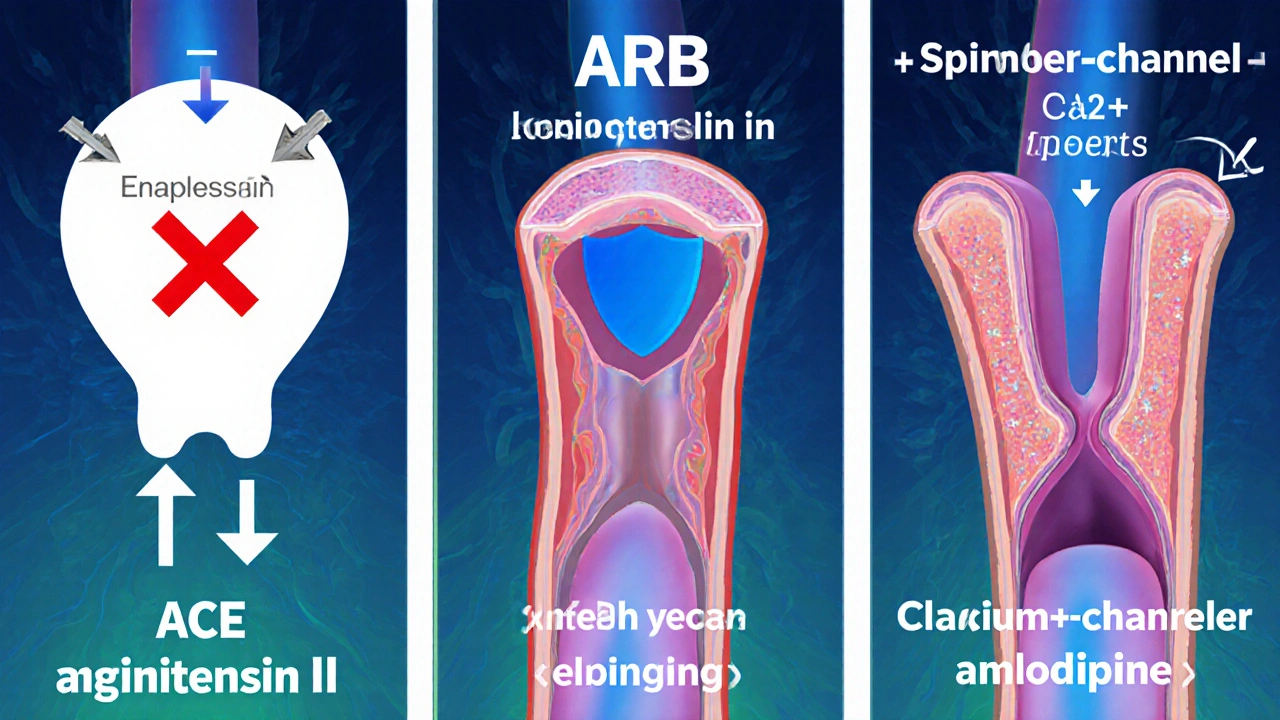Three panels illustrating ACE inhibition, ARB blocking, and calcium‑channel blocker mechanisms in arteries.