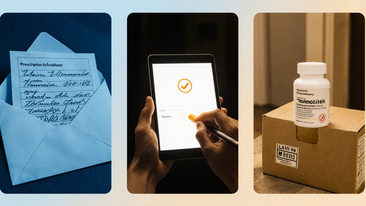 Three-part scene showing prescription, digital upload, and delivery of a sealed tamoxifen bottle.