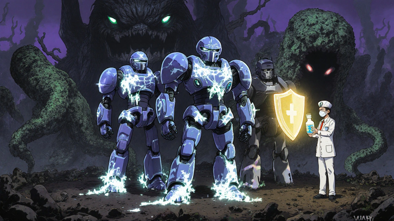 Three robotic drugs battle a fungal infection on a battlefield, while a medic holds a vaccine shield above them.