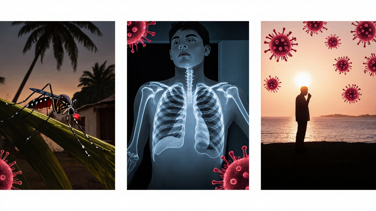 Triptych illustrating malaria mosquito, TB cough, and HIV silhouette across different regions.