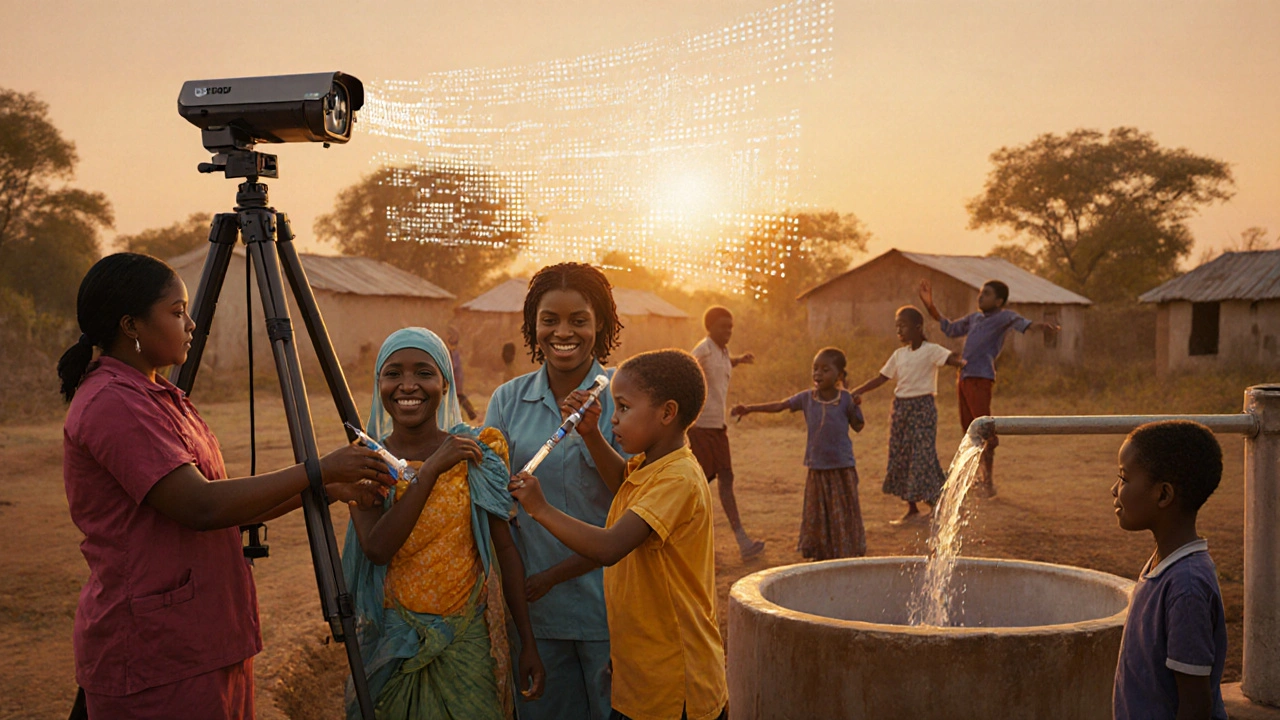 Village scene with health workers vaccinating children, surveillance tech, and clean water well.