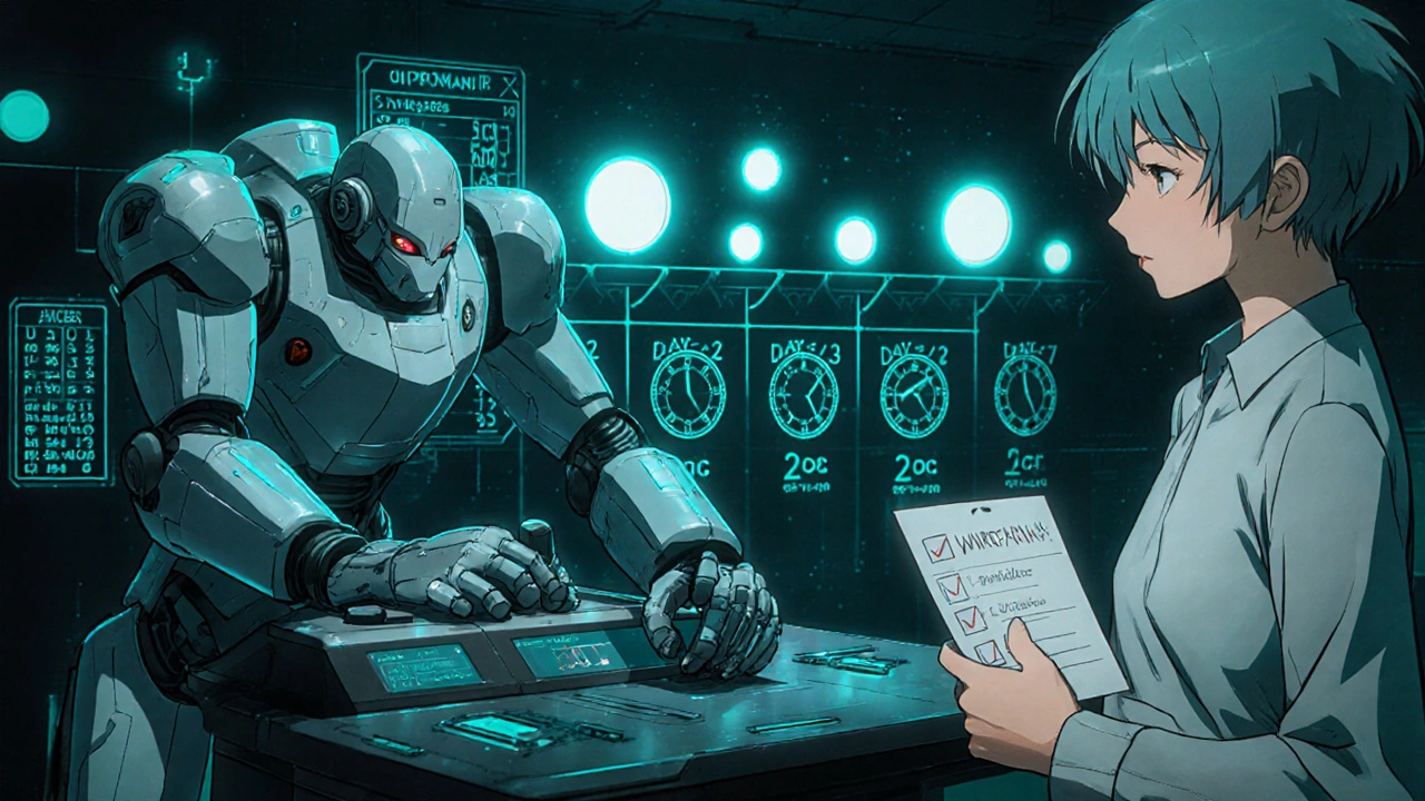 Warfarin robot adjusts dosage at console, patient watches timeline of INR checks.