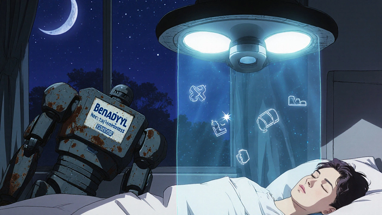 A calm drone projects clean air over a sleeper as a deactivated Benadryl robot lies broken nearby.