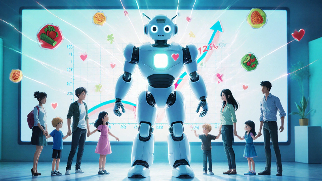 A diverse group of families receiving guidance from a holographic robot coach in a pediatric clinic.