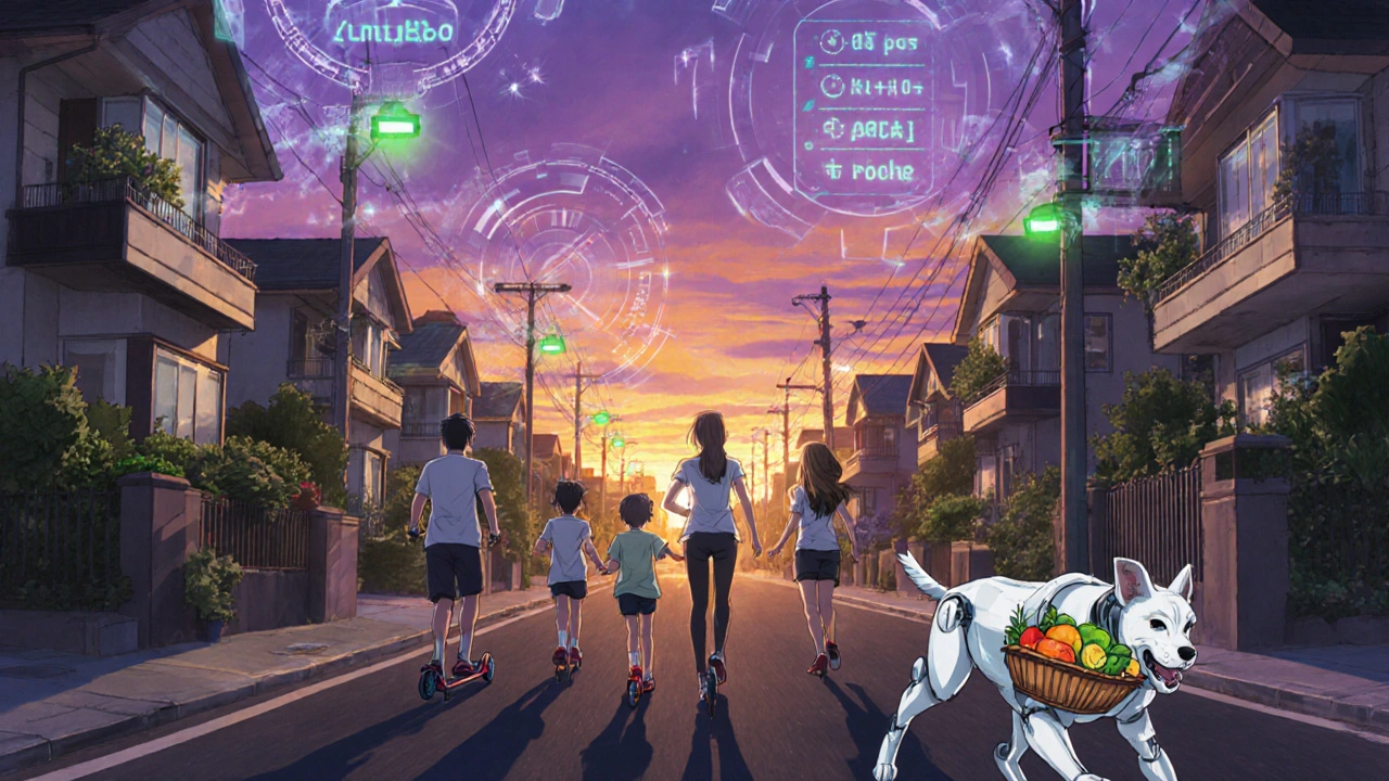 A family walking at sunset in a vibrant neighborhood with digital health trackers floating around them.