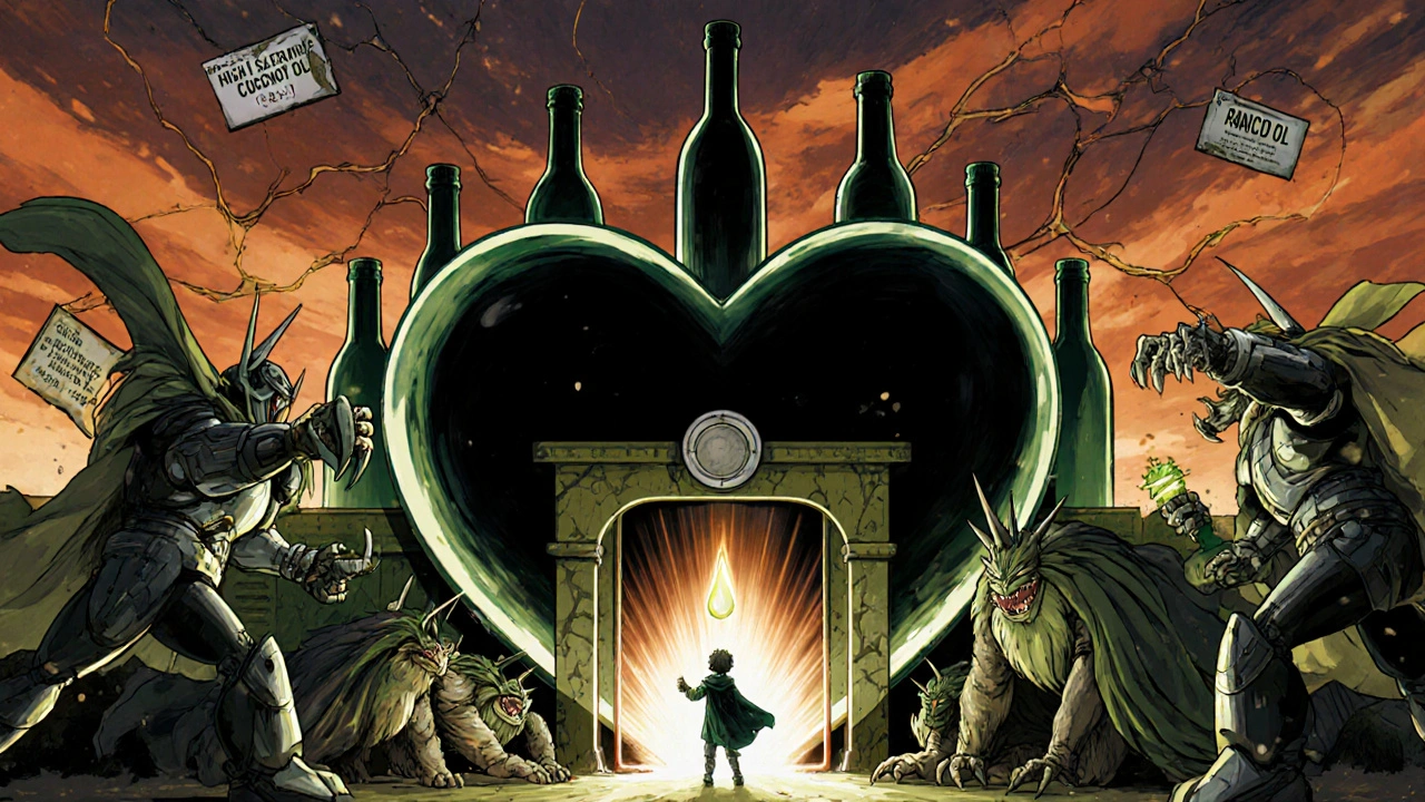 A heart fortress defended by oil-themed robots battling coconut oil monsters under a warning sky.