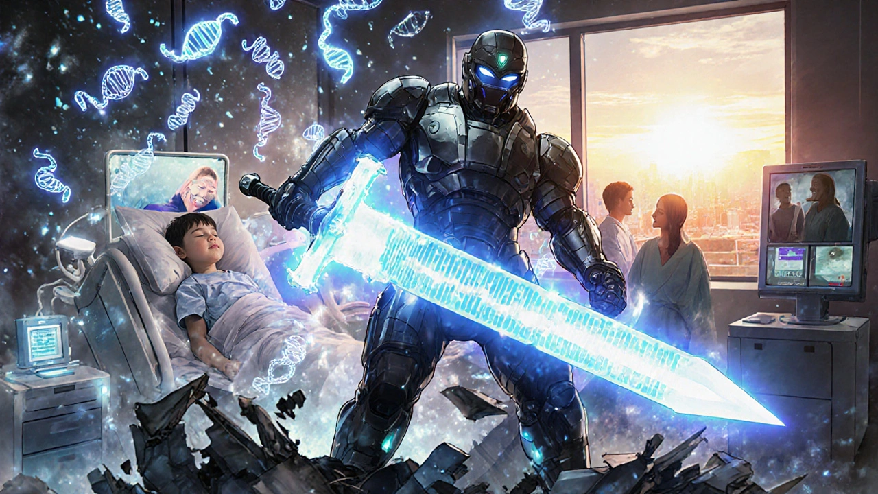 A hero holding a gene strand as CRISPR lasers repair a mutation, with a child sleeping peacefully nearby.