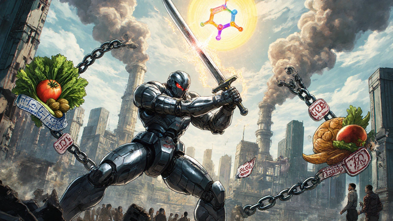 A hero in a food-powered suit cuts through chains of unhealthy habits as sunlight breaks through dark storm clouds.